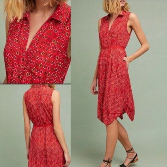 ANTHROPOLOGIE Maeve Daisy Dress 4 Red Floral Midi - Picture 1 of 7